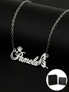1pc Personalized Children Luxury Crown & Butterfly Monogram Name Stainless Steel Necklace,Customized For Delicate Gift For Kids,Gold Color Customized Jewelry Gift