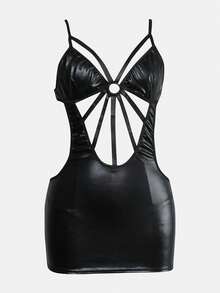 2pcs Women's Bondage Style Lingerie Set, Faux Leather Patchwork Sexy Nightgown, Suitable For Home Use