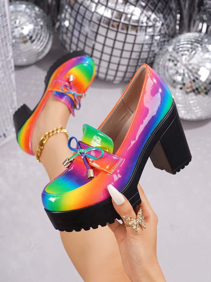 Damen Regenbogen-farbige Schleife Plateau Slip-On Schuhe, modische personalisierte High Heels, koreanischer Stil geeignet für Kleine, vielseitige Lässig Plateau Creeper Loafer, britischer Stil