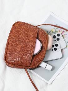 Torebka typu crossbody ze sztucznej skóry z wytłoczonym wzorem kwiatowym dla kobiet, modna, słodka torebka na telefon komórkowy, swobodna torba na ramię z zamkiem błyskawicznym