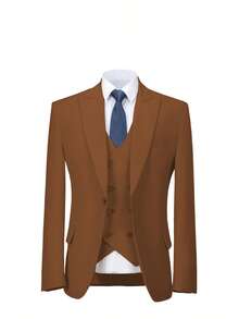 Three Pieces Mens Suit Formal Business Wedding Prom Suit Male Groom, Blazer+Vest+Pant, Slim Fit Tuxedo For Homecoming, Double Breasted, Long Sleeves - 棕色 - 查看 3