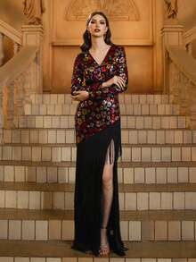 Multicolor Sequin V-Neck Fringe Sleeves Prom Dress - Black - View 7