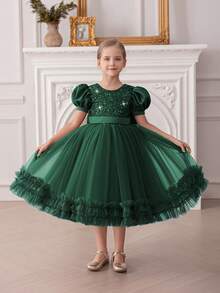 Young Girl Green Sequin Bow Puff Sleeve Mesh Tulle Party Dress, Elegant Princess Dress Suitable For Girls Birthday Party, Wedding Flower Girl, School Performance, Prom, Holiday Celebration - Dark Green - View 1