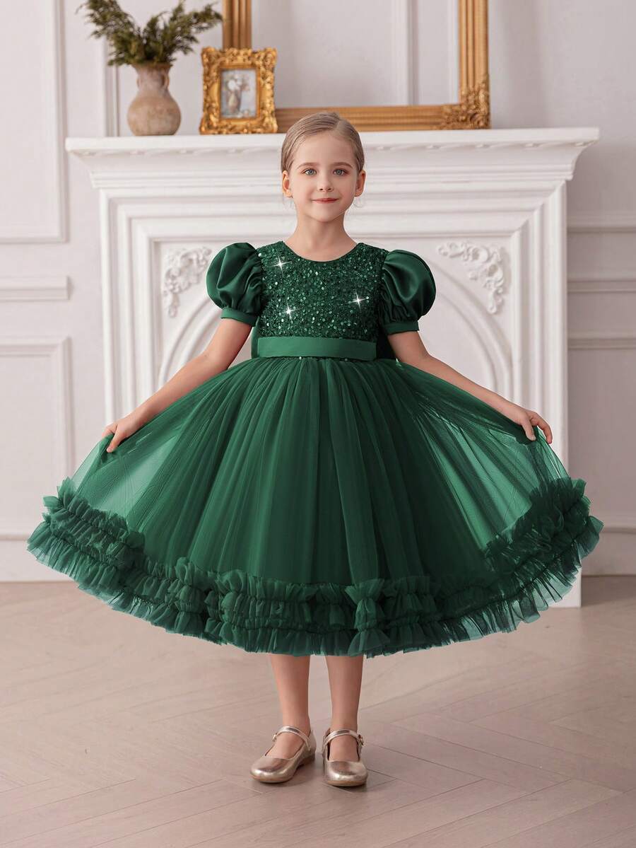 Young Girl Green Sequin Bow Puff Sleeve Mesh Tulle Party Dress, Elegant Princess Dress Suitable For Girls Birthday Party, Wedding Flower Girl, School Performance, Prom, Holiday Celebration - Dark Green - View 1