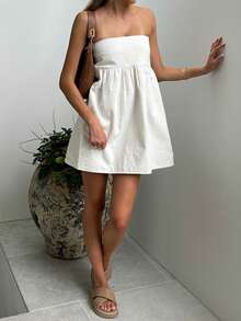 Women Tube Dress Solid Color A-Line Dress Strapless Dress Summer Backless Mini Dress - 白色 - 查看 3