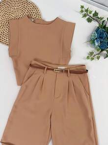 Women's Set: Summer Sleeveless Solid Color Round Neck Top And Wide Leg Pants With Belt And Bag - Khaki Muda - View 2