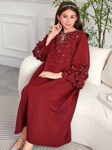 Tween Girls' Fashionable Beaded Embroidery Floral Loose Long Sleeve Robe, Gown - Burgundy - View 6