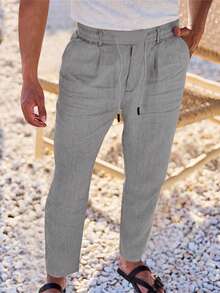Men's Breathable Linen Pants Solid Color Drawstring Waist Casual Straight Leg Trousers For Summer - Grey - View 1
