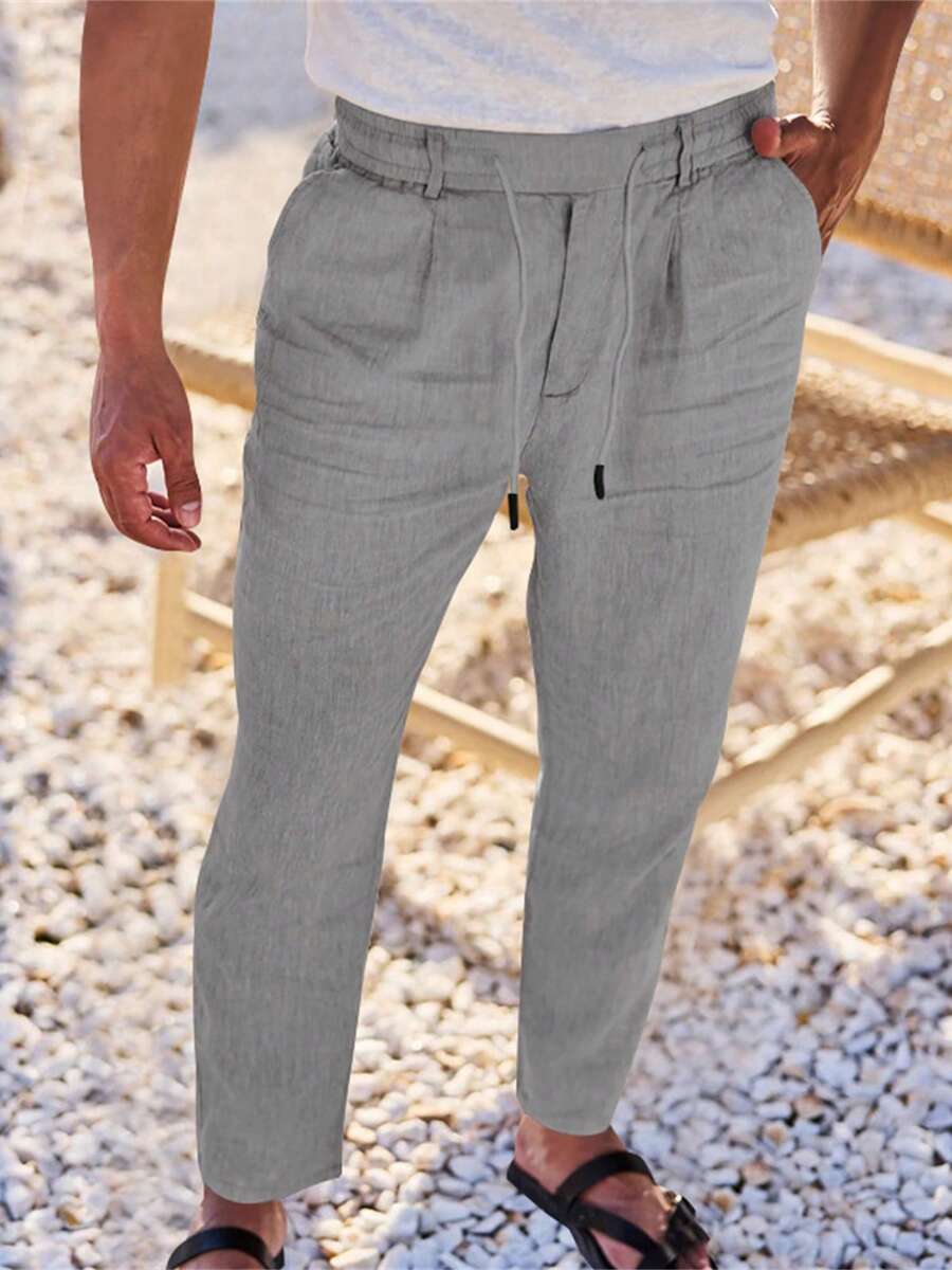 Men's Breathable Linen Pants Solid Color Drawstring Waist Casual Straight Leg Trousers For Summer - Grey - View 1
