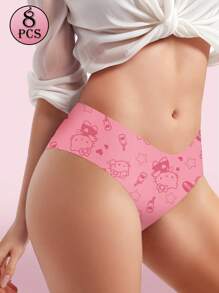 Sanrio 8 Peças/Conjunto Calcinha Sem Costura com Estampa de Cintura Baixa Hello Kitty da Sanrio para Mulheres