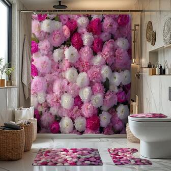 1/4pcs White & Pink Flower Theme Bathroom Curtain Set, Includes Shower Curtain, Bath Mat, U-Shape Toilet Seat Cover, Waterproof, Washable, Modern Style Bathroom Decor, No Drilling Required, Polyester Material Fall Decor Bathroom Accessories Back To School