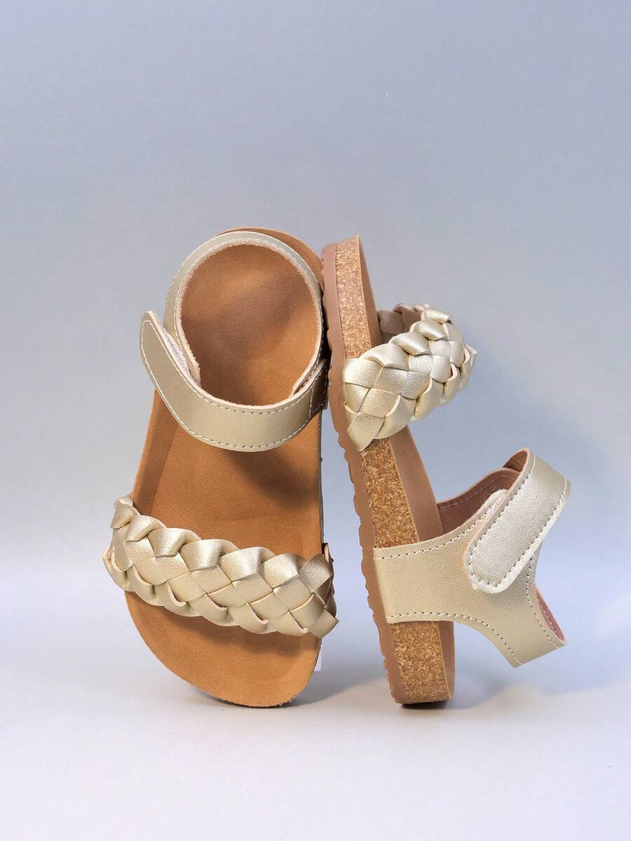 2025 Summer Fashion Girls' Roman Braided Sandals, Strap Design, Breathable, Foot Protection, Anti-Slip Lightweight Cork Sole (Sole Color Random) - Gold - View 1