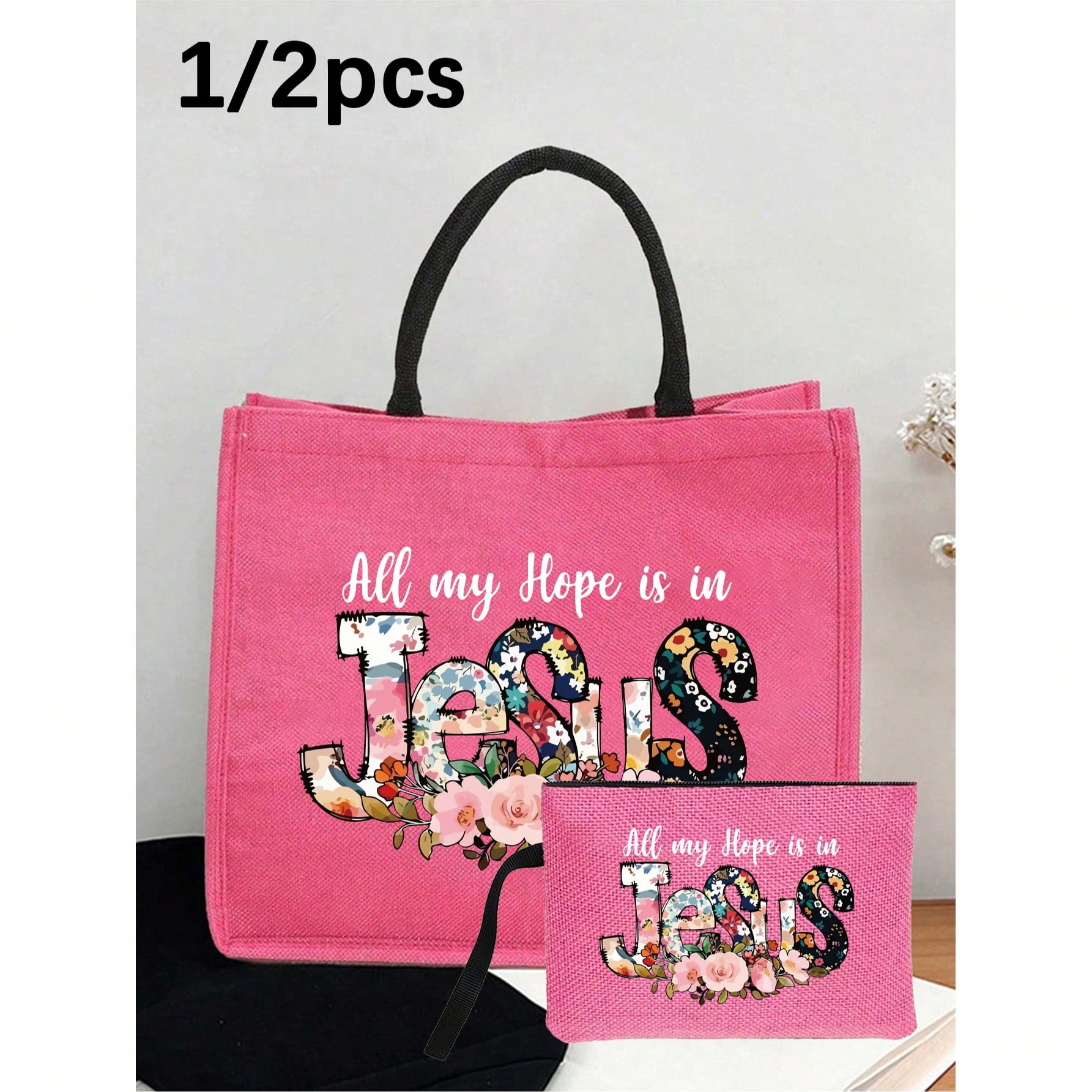 New Floral & Letter Print Handbag Set With Clutch Bag And Zipper Pouch, Versatile Women's Bag, Birthday, Party, Holiday Gift, Christian Themed Tote Bag And Cosmetic Bag Set, Vacation Style Letter Design Shopping Bag