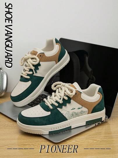 Men's Fashion Colorblock Random Print Low-Top Skate Shoes, Romantic School Style Outdoor Casual Sports Sneakers For Teenagers