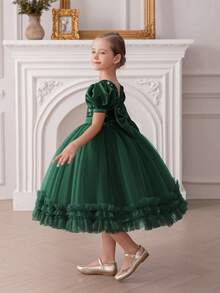 Young Girl Green Sequin Bow Puff Sleeve Mesh Tulle Party Dress, Elegant Princess Dress Suitable For Girls Birthday Party, Wedding Flower Girl, School Performance, Prom, Holiday Celebration - Dark Green - View 2
