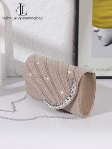 Women's Elegant Diamond Evening Clutch Bag, Pleated Fabric, Sparkling Crystal Gem Decor Handbag, Crossbody Shoulder Bag, Detachable Metal Chain, Flap, Suitable For Parties, Romantic Weddings, Galas, Gatherings, Nightclubs, Birthday Gifts, Dress Accessories, Holiday Gifts - Champagne - View 7