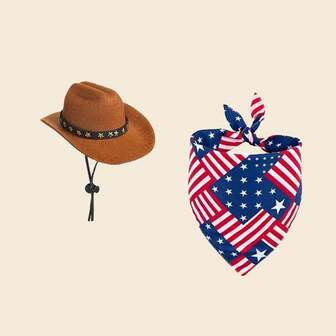 2pcs Independence Day Cute Porch Goose Outfit Set With Cowboy Hat And Flag Patterns Scarf, Pet Accessory Headwear Cosplay Costume Accessories Party Patio Yard Outdoor Decoration (Goose Not Included)