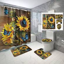 1/4pcs Set Sunflower & Butterfly Pattern Printed Waterproof Bathroom Shower Curtainbathroom Decor Summer - J - View 2