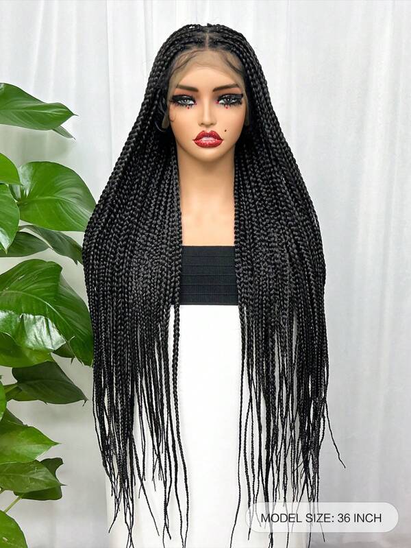 Synthetic Lace Frontal Boho Knotless Box Braided Wigs With Curly Hand Braiding Wig With Baby Hair For Lace Front Square Knotless Braid Wig