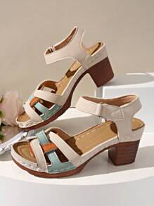 Women's Fashion High Heel Sandals, Color Block Patchwork Upper, Stylish & Elegant Holiday Vibes, Massage Insole, Adjustable Strap, Non-Slip Chunky Heel High Heel Sandals
