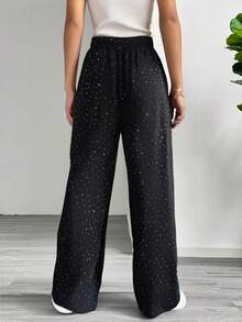 Pantalón de pierna ancha para mujer, diseño sexy, elegante y casual, tela de algodón y poliéster, apto para temporadas de primavera y verano, bolsillos funcionales, ajuste de cintura natural con resorte y cordón, con pequeña y elegante pedrería artificial y decorativa. Suave, fresco y ligero. - Negro - Ver 2