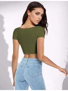 Short Sleeve Square Neck Crop Top For Women Y2K Soft Workout Shirt Going Out Tops Sexy Slim Fitted Casual Base Layer Lightweight,Local Delivery - 綠色 - 查看 3