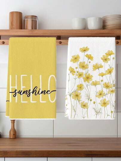 2pcs Yellow Daisy Kitchen Towels, Spring/Summer Decorative Dish Cloths, Super Absorbent, Stripe Drying Rags, Hello Sun Hand Towels, Kitchen, Bathroom, Party, Home Decor