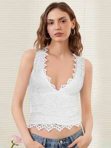 Women Tank Tops Lace Deep V-Neck Casual Vests Summer Fashion Sleeveless Tops Streetwear - White - View 3