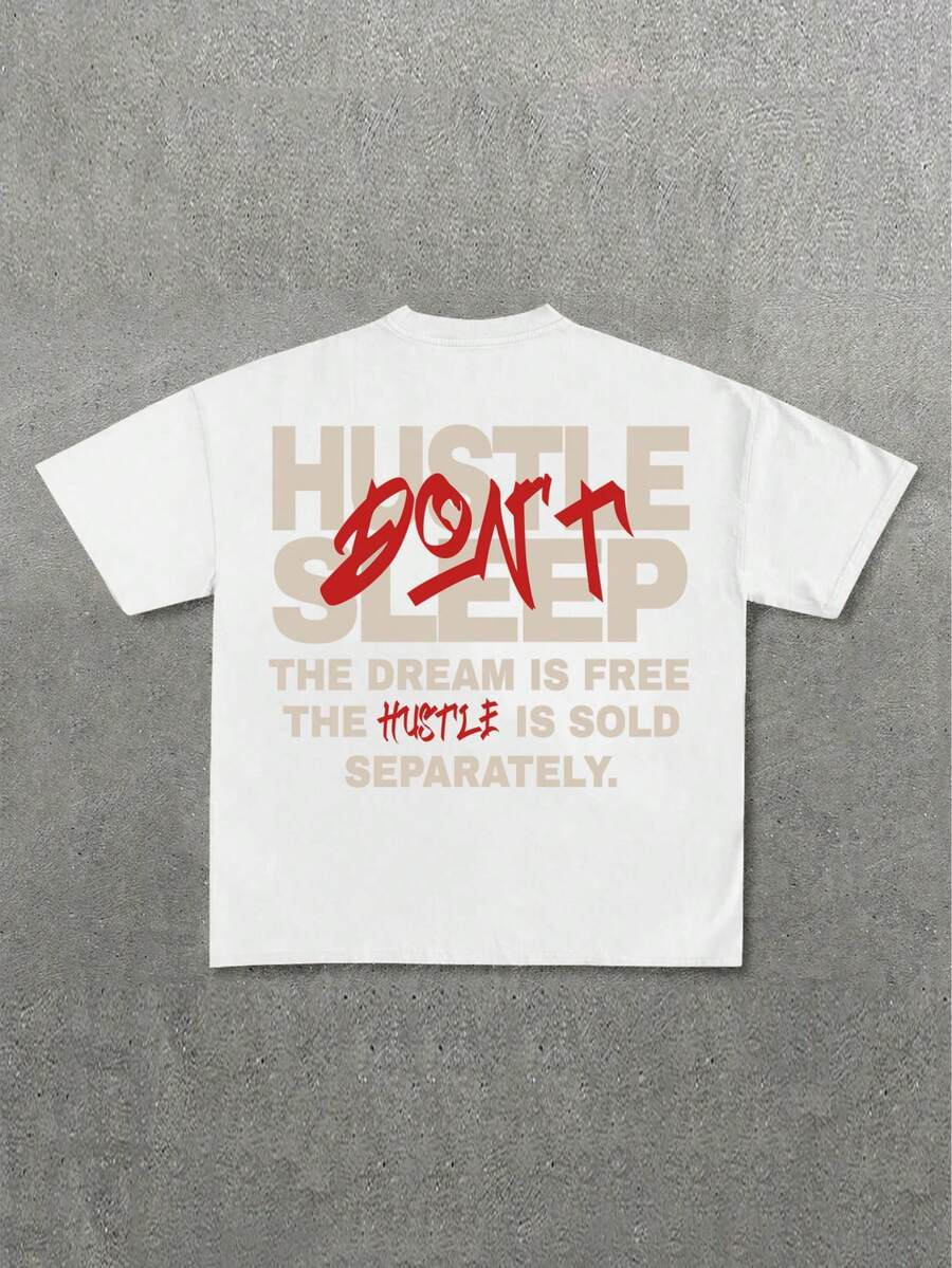 Men Street Style Text & Graphic Pattern Loose Fit Brown Short Sleeve T-Shirt - White - View 1