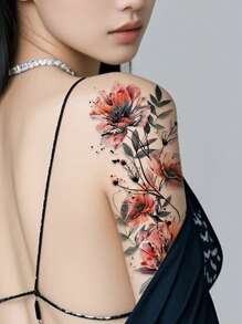 Set da 4 tatuaggi floreali temporanei di grandi dimensioni - Rosa nera, disegni floreali multicolori, tatuaggi floreali vintage tradizionali, impermeabili, a lunga durata, adatti per le donne, possono essere applicati su vita, braccio, gamba, schiena, spalla, per coprire cicatrici