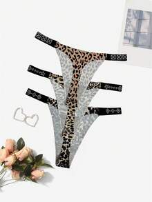 3 件女士低腰无缝水钻装饰性感舒适优雅成熟迷人法式猎豹印花丁字裤 - 彩色 - 查看 6