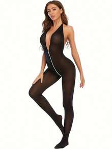 Sexy Lingerie Black V-Neck Sexy Jumpsuit With Zipper And Stockingsfor Club, Night Out, Dates, Shows, Wedding Night – Cheeky Stockings & Tights - Multicolor - View 9