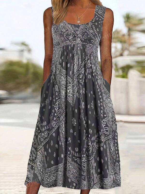 Women's Fashion Casual Elegant Resort Bohemian Style Random Print Pocket Vest Midi Dress