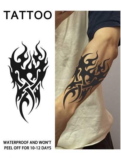 1Pc Flame Stripe Temporary Tattoos Semi Permanent Tattoo Waterproof Sweatproof Last For 1-2 Weeks Realistic Herbal Juice Anti-Friction Non-Reflective Faux Black Fake Tattoos For Woman And Men Tattoo Stickers For Arm, Chest, Leg, Abdomen, Waist, Finger, Neck Modernist Body Art