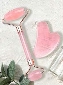 2pcs/1pc Heart-Shaped Rose Quartz Roller Massager - Face Beauty Massage Board With Dual Rollers, Anti-Aging Resin Face Roller And Gua Tool Set For Face, Eyes And Neck - Natural Skincare Beauty Tool To Relieve Wrinkles