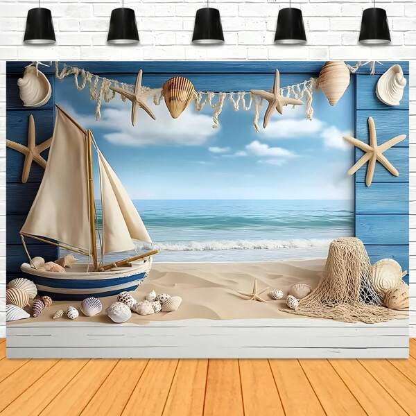 Blue Sailboat Wooden Plank Decor Show Backdrop Nautical Birthday Theme Cake Smash Background Photography Banner