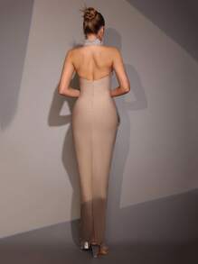 Modphy New Heavy Industry Pearl Bead Halter Neck Sleeveless Tight Sexy Long Bandage Dress Elegant Ladies Formal Dinner Dress Fashion Birthday Party Ladies Formal Dinner Carnival Easter Dress, Gown, For Evening, Wedding Guest