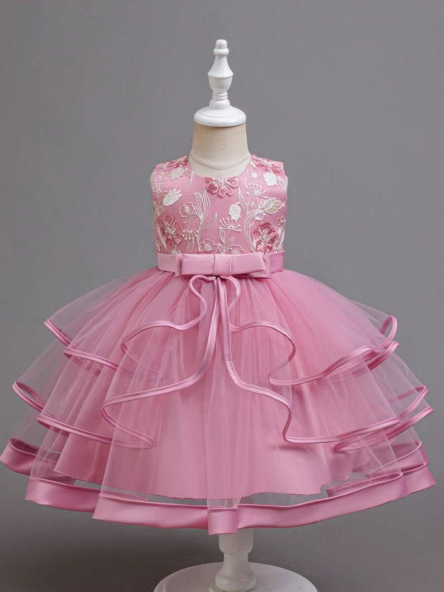 Mädchen flauschiges Kuchen-Prinzessin Kleid, Blumen-Muster Geburtstags-Party Hochzeits Abschluss Festliches Kleid - Altrosa - Übersicht 1