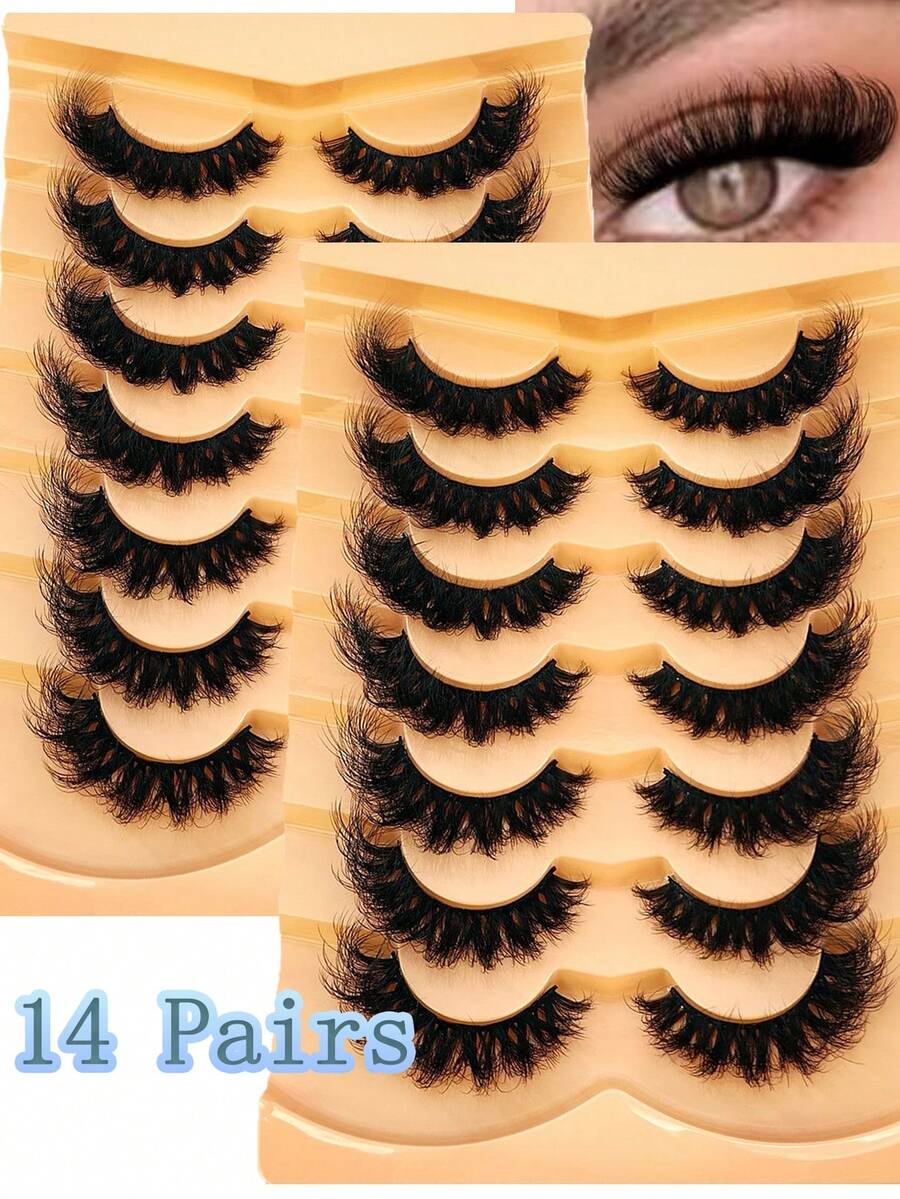 HBZGTLAD NEW 2 Box 14 Pairs Pairs Cat Eye Lashes Fluffy Faux Mink Lashes 8D Wispy Lashes Pack Dramatic Long Thick Volume Eyelashes False Eyelas - 6D-H34 - Xem 1