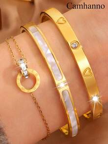 3pcs Simple And Elegant Personalized Stainless Steel Exquisite Jewelry The Perfect Gift For Friends And Couples Suitable For Parties And Birthday Parties Accessories Suitable For Men And Women - Gold - View 6