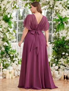 UNITHORSE Plus Size Fabric Round Neck Gored Dress Sleeve Slimming Empire Waist Back Bow-Tied Elegant Dress Long Evening Gown,Bridesmaid Dress - Red Violet - View 3