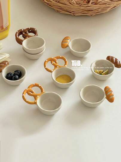 不对称陶瓷碗，面包图案蘸酱碟，创意调味容器带勺子 返校，学校用品