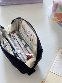 Pencil Case, Solid Color Pencil Box Black/Blue, Multi-Layer Stationery Bag, Student Stationery Storage Bag,Back To School,School Supplies,Pencil Pouch,School Bag