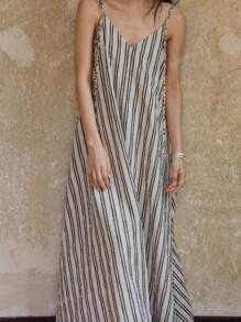 Women Striped Print Spaghetti Strap Casual Midi Dress