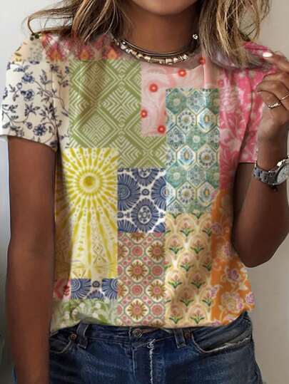 Women's Oversized Fashion Casual Comfortable Breathable Floral Puzzle Color Block T-Shirt