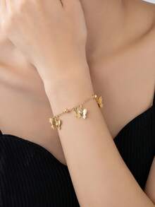 1pc Sweet Nature-Inspired Butterfly Charm Bracelet For Kids, Suitable For Everyday Wear - Gold - View 3