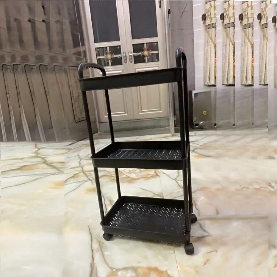 带手柄的 3 层白色塑料滚动储物车 - 适用于厨房、浴室、卧室的多功能储物整理器 - 耐用的金属丝网架，方便取放，可移动实用推车 | 现代储物 | 通风储物 - 黑色 - 查看 1