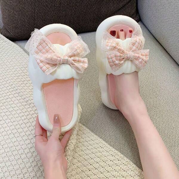 New Bowknot Lace Flower Decor Thick Sole Comfortable Round Toe Slippers, & Versatile For Home, Dorm, Holiday, Casual Wear In Summer, White & Pink