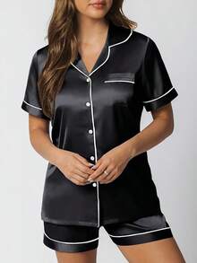 LILLUSORY Silk Satin Pajama Set Women 2 Piece Lounge Pjs Shorts Matching Summer Sleepwear Button Down Shirt Shorts Halloween - 黑色 - 查看 2