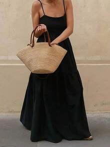 Vestido elegante de estilo vacacional sin espalda, vestido largo negro sexy con cordones para mujer